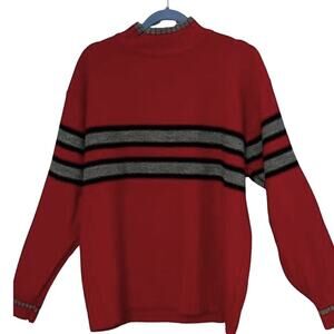 Koman Sport Sweater Mens Size M Red Gray Long Sleeve Stripe Mock Collar Preppy